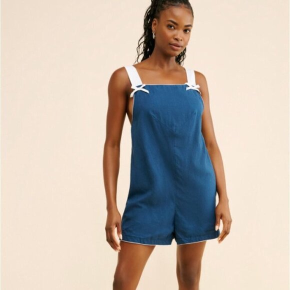 NWOT Free People Navy Blue Linen Retrospect Bow Romper Size M - Picture 1 of 7